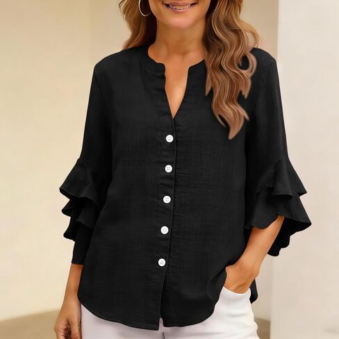 Womens Double Ruffle Sleeve Tops Dressy Casual V-Neck Loose Fit Tshirts Fashion Spring Summer Tunics in Kuwait