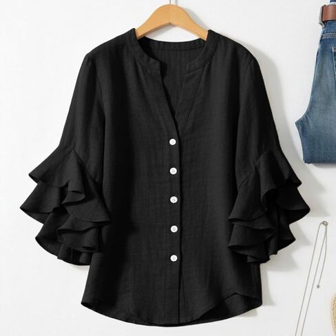 Womens Double Ruffle Sleeve Tops Dressy Casual V-Neck Loose Fit Tshirts Fashion Spring Summer Tunics in Kuwait