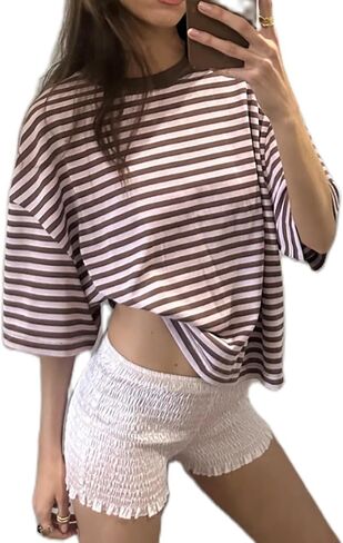 Oversized Striped Shirt Women Short Sleeve Striped T-Shirts Vintage Boxy Graphic Tee Shirts Cute Baggy Tops in Saudi Arabia