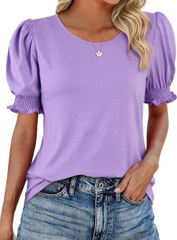LilyCoco Women Curved Hem Puff Sleeve Tops Casual Elegant Crew Neck T Shirts in Saudi Arabia