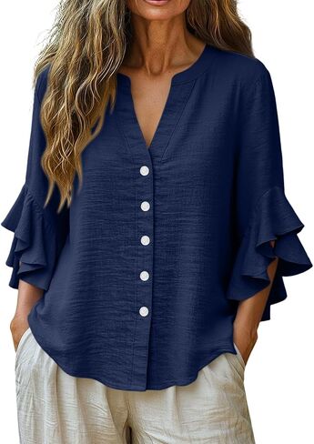 Womens Double Ruffle Sleeve Tops Dressy Casual V-Neck Loose Fit Tshirts Fashion Spring Summer Tunics in Saudi Arabia