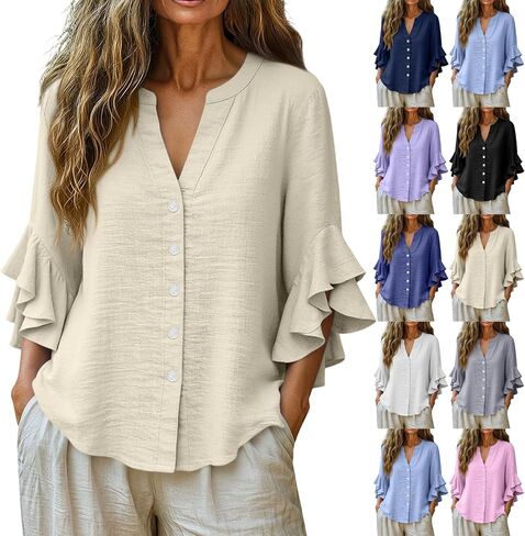 Womens Double Ruffle Sleeve Tops Dressy Casual V-Neck Loose Fit Tshirts Fashion Spring Summer Tunics in Kuwait