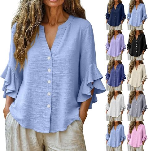Womens Double Ruffle Sleeve Tops Dressy Casual V-Neck Loose Fit Tshirts Fashion Spring Summer Tunics in Kuwait