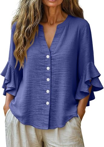 Womens Double Ruffle Sleeve Tops Dressy Casual V-Neck Loose Fit Tshirts Fashion Spring Summer Tunics in Kuwait