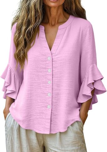 Womens Double Ruffle Sleeve Tops Dressy Casual V-Neck Loose Fit Tshirts Fashion Spring Summer Tunics in Kuwait