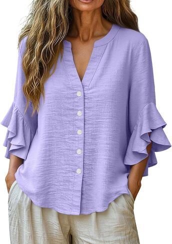 Womens Double Ruffle Sleeve Tops Dressy Casual V-Neck Loose Fit Tshirts Fashion Spring Summer Tunics in Kuwait