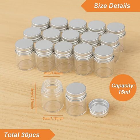 30 Pack 15ml/0.5Oz Clear Glass Jars with Aluminum Screw Lids Small Refillable Bottles Leakproof Empty Mini Containers for Samples, Spices, Beads, Cosmetics, DIY Crafts (4cm x 3cm) in Saudi Arabia