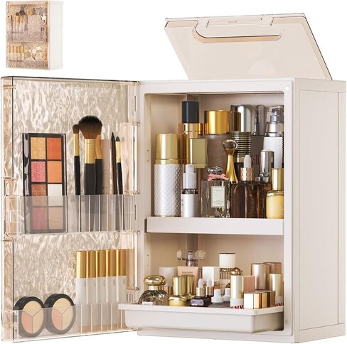 HAIXIN Makeup Organizer with Drawer & Brush Holder, Plastic Cosmetic Display Cases, Large Vanity Organizer Countertop Waterproof for Skincare, Perfume, Bathroom & Dresser (White & Amber) in Saudi Arabia
