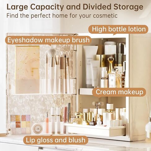 HAIXIN Makeup Organizer with Drawer & Brush Holder, Plastic Cosmetic Display Cases, Large Vanity Organizer Countertop Waterproof for Skincare, Perfume, Bathroom & Dresser (White & Amber) in Saudi Arabia