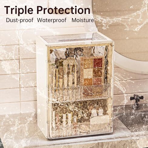 HAIXIN Makeup Organizer with Drawer & Brush Holder, Plastic Cosmetic Display Cases, Large Vanity Organizer Countertop Waterproof for Skincare, Perfume, Bathroom & Dresser (White & Amber) in Saudi Arabia