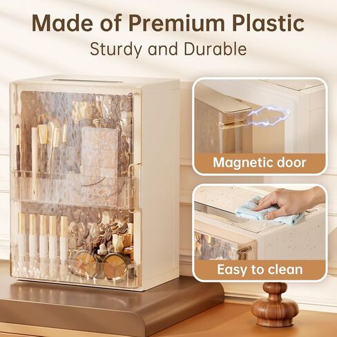 HAIXIN Makeup Organizer with Drawer & Brush Holder, Plastic Cosmetic Display Cases, Large Vanity Organizer Countertop Waterproof for Skincare, Perfume, Bathroom & Dresser (White & Amber) in Saudi Arabia
