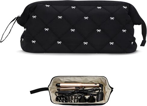 Stratalife Quilted Hair Tools Travel Bag with Polishing Cloth Compatible with Dyson Airwrap Shark Flex Style, Portable Toiletry Bag Hair Dryer Curling Iron Carrying Case Travel Essentials Black Bow in Saudi Arabia