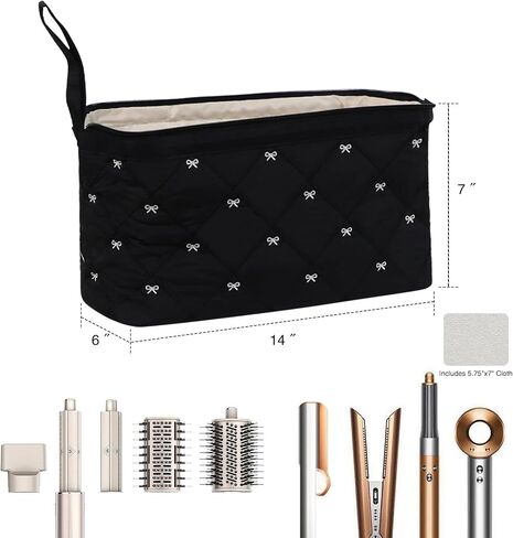 Stratalife Quilted Hair Tools Travel Bag with Polishing Cloth Compatible with Dyson Airwrap Shark Flex Style, Portable Toiletry Bag Hair Dryer Curling Iron Carrying Case Travel Essentials Black Bow in Saudi Arabia