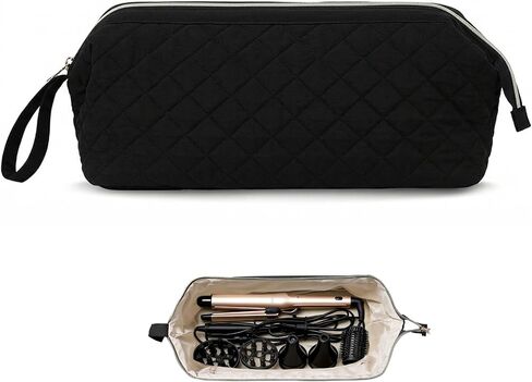Stratalife Quilted Hair Tools Travel Bag with Polishing Cloth Compatible with Dyson Airwrap Shark Flex Style, Portable Toiletry Bag Hair Dryer Curling Iron Carrying Case Travel Essentials Black Bow in Saudi Arabia