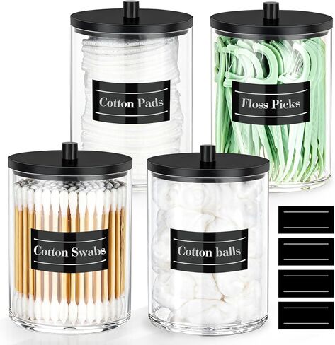 4 Pack 10 oz Acrylic Qtip Holder with Labels Dispenser- Bathroom Small Clear Plastic Canister Apothecary Jar Set Essentials Accessories Decor, Vanity Storage Organizer in Saudi Arabia