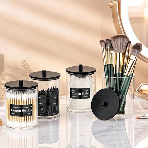 4 Pack 10 oz Acrylic Qtip Holder with Labels Dispenser- Bathroom Small Clear Plastic Canister Apothecary Jar Set Essentials Accessories Decor, Vanity Storage Organizer in Saudi Arabia