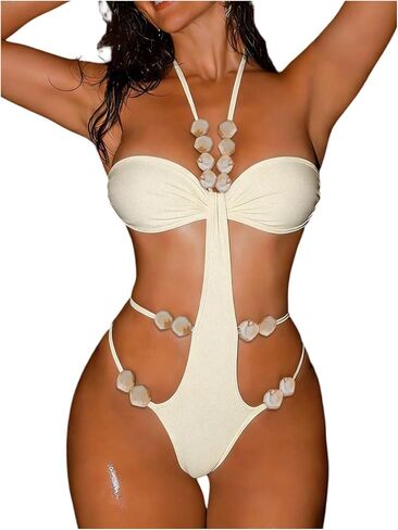 OYOANGLE Women's Strappy Beaded Halter Monokini Cutout Backless One Piece Swimsuit Cheeky Beach Leotard in Kuwait