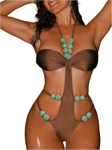 OYOANGLE Women's Strappy Beaded Halter Monokini Cutout Backless One Piece Swimsuit Cheeky Beach Leotard in Kuwait