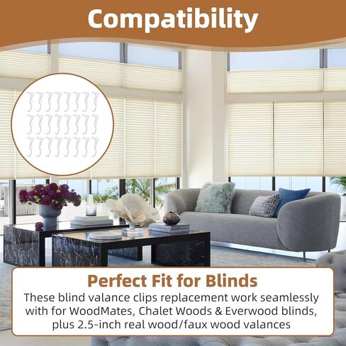 24 Pack 2.5 Inch Clear Valance Clips for Blinds & Window Shades, Blind Valance Clips Replacement for Hunter Douglas WoodMates and Chalet Woods, for Faux Wood & Metal Treatments in Saudi Arabia