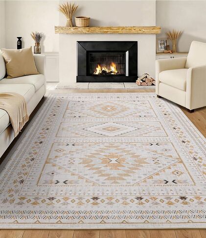 Boho Farmhouse Area Rug 5x7, Washable Tribal Rug for Bedroom, Non-Slip Medallion Rugs for Living Room Dining Room, Entryway (Beige/Yellow, 5'x7') in Saudi Arabia
