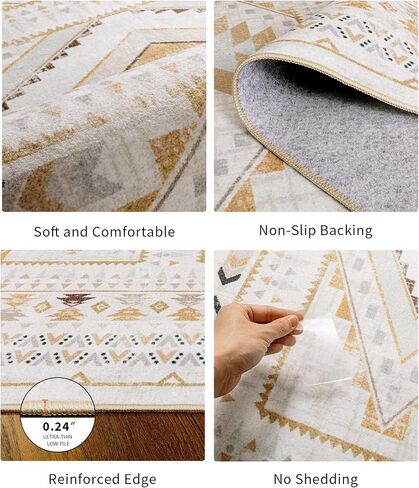 Boho Farmhouse Area Rug 5x7, Washable Tribal Rug for Bedroom, Non-Slip Medallion Rugs for Living Room Dining Room, Entryway (Beige/Yellow, 5'x7') in Saudi Arabia