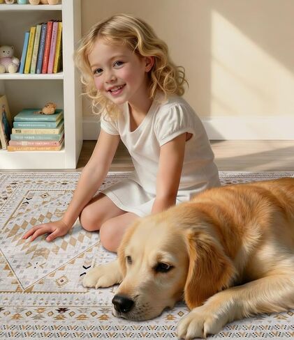 Boho Farmhouse Area Rug 5x7, Washable Tribal Rug for Bedroom, Non-Slip Medallion Rugs for Living Room Dining Room, Entryway (Beige/Yellow, 5'x7') in Saudi Arabia