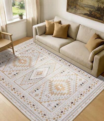 Boho Farmhouse Area Rug 5x7, Washable Tribal Rug for Bedroom, Non-Slip Medallion Rugs for Living Room Dining Room, Entryway (Beige/Yellow, 5'x7') in Saudi Arabia