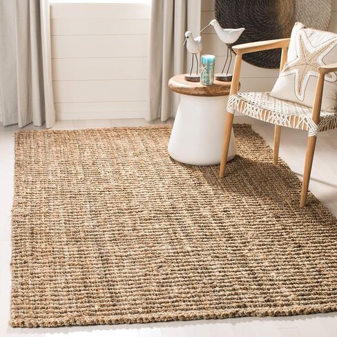 SAFAVIEH Area Rug 4' Square - Natural Fiber Collection - Natural Brown, Handmade Jute, Farmhouse Style, Chunky Textured Thick Pile (NF447A) in Kuwait