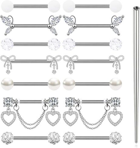 7 Pairs Nipple Rings Stainless Steel 14G Nipple Piercing Jewelry Silver Pink Heart Butterfly Knot CZ Stud Barbell Tongue Rings Internal Threaded Body Piercing Kit in Kuwait