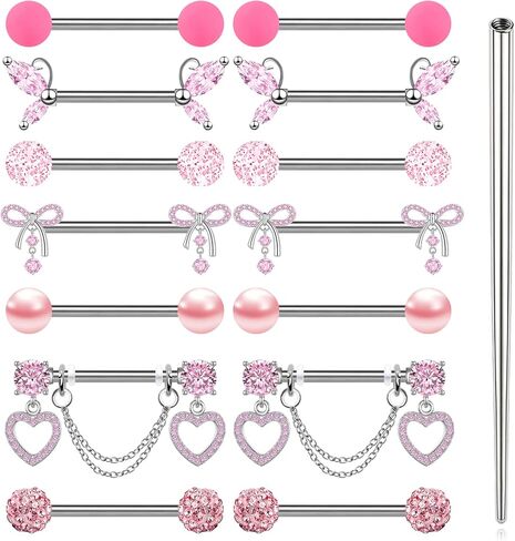 7 Pairs Nipple Rings Stainless Steel 14G Nipple Piercing Jewelry Silver Pink Heart Butterfly Knot CZ Stud Barbell Tongue Rings Internal Threaded Body Piercing Kit in Saudi Arabia
