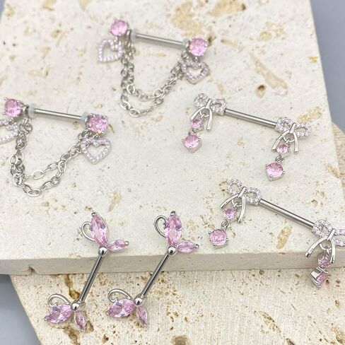 7 Pairs Nipple Rings Stainless Steel 14G Nipple Piercing Jewelry Silver Pink Heart Butterfly Knot CZ Stud Barbell Tongue Rings Internal Threaded Body Piercing Kit in Saudi Arabia