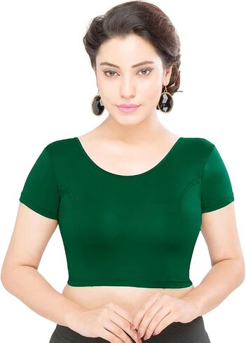 themilestocks TMS Women's Blouses Readymade Gold Stretchable Saree Crop Top Choli Free Size (One Size (Can fit bust size 28''-38''), Dark Green) in Saudi Arabia