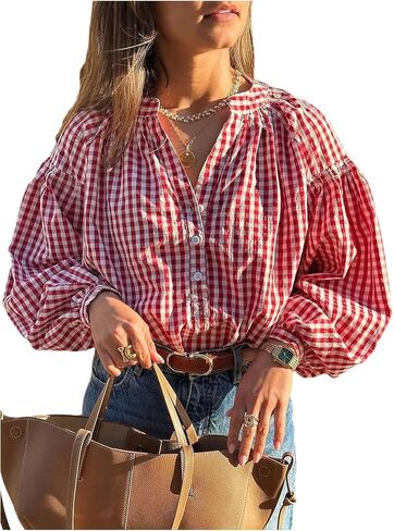 GORGLITTER Women's Gingham Top Ruched Puff Long Sleeve Button Down Shirts Loose Fit Dressy Casual Spring Blouse in Kuwait