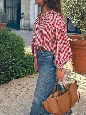 GORGLITTER Women's Gingham Top Ruched Puff Long Sleeve Button Down Shirts Loose Fit Dressy Casual Spring Blouse in Kuwait