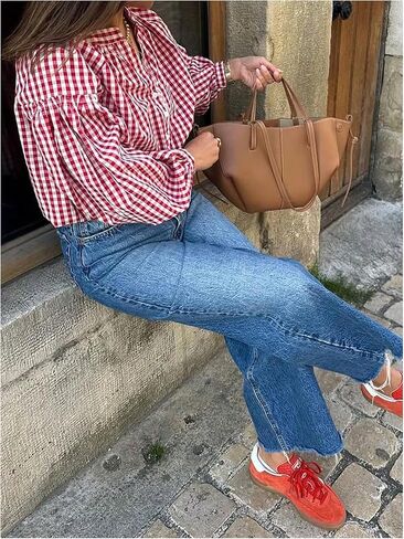 GORGLITTER Women's Gingham Top Ruched Puff Long Sleeve Button Down Shirts Loose Fit Dressy Casual Spring Blouse in Kuwait
