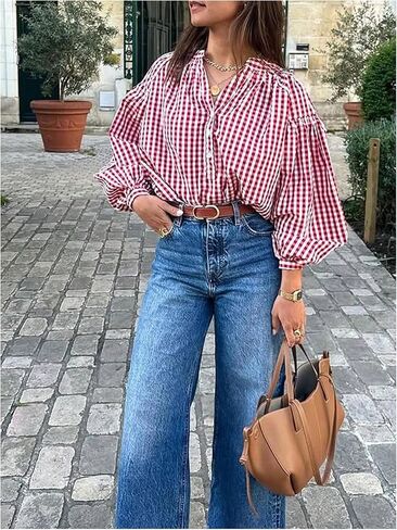 GORGLITTER Women's Gingham Top Ruched Puff Long Sleeve Button Down Shirts Loose Fit Dressy Casual Spring Blouse in Kuwait