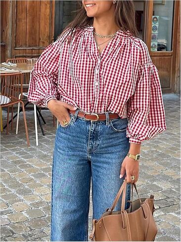 GORGLITTER Women's Gingham Top Ruched Puff Long Sleeve Button Down Shirts Loose Fit Dressy Casual Spring Blouse in Kuwait