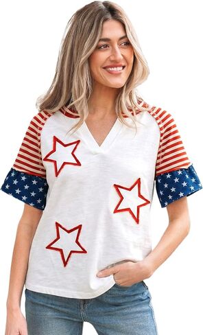 Women's Fiery Red Star Patchwork V-Neck Top – Casual Striped Short Sleeve Summer Shirt in Saudi Arabia