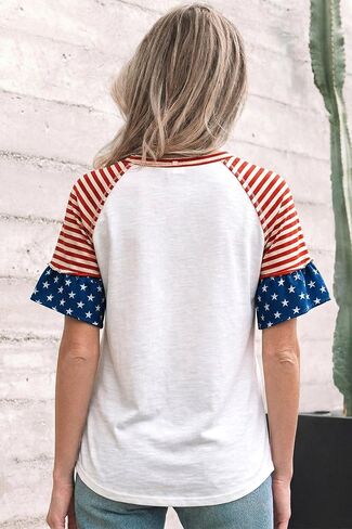 Women's Fiery Red Star Patchwork V-Neck Top – Casual Striped Short Sleeve Summer Shirt in Kuwait