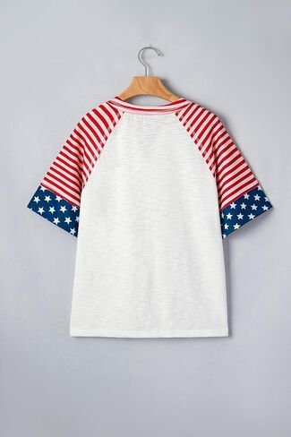 Women's Fiery Red Star Patchwork V-Neck Top – Casual Striped Short Sleeve Summer Shirt in Kuwait