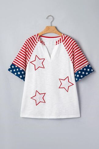 Women's Fiery Red Star Patchwork V-Neck Top – Casual Striped Short Sleeve Summer Shirt in Kuwait
