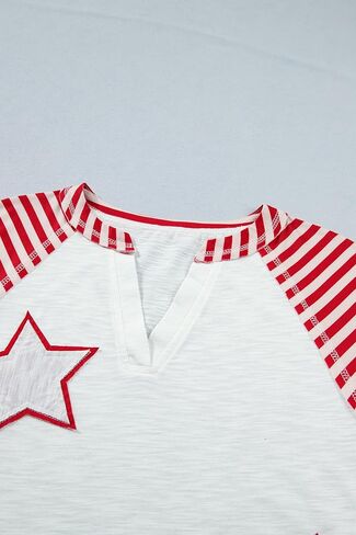 Women's Fiery Red Star Patchwork V-Neck Top – Casual Striped Short Sleeve Summer Shirt in Kuwait