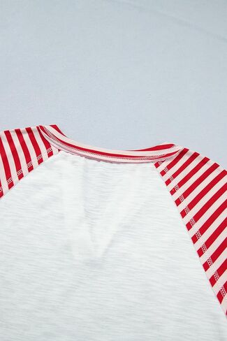 Women's Fiery Red Star Patchwork V-Neck Top – Casual Striped Short Sleeve Summer Shirt in Kuwait