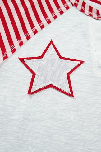 Women's Fiery Red Star Patchwork V-Neck Top – Casual Striped Short Sleeve Summer Shirt in Kuwait