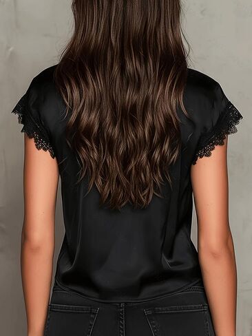 Women's Solid Color Satin Lace Trim Blouse, V-Neck Short Sleeve Tie Front Casual Night Out Top for Summer in Kuwait