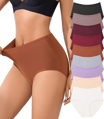 SIONCY 9 Pack Womens Underwear Cotton High Waisted Full Coverage Briefs | Ribbed Breathbale Wicking Stretch Underwear Women Pack in Saudi Arabia