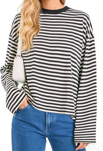 Womens Striped Sweatshirt Oversized Crewneck Long Sleeve Shirt Pullover Y2K Tops in Kuwait