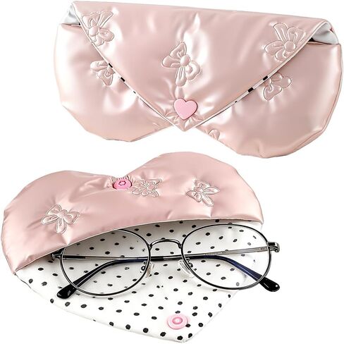 Pink Heart Shaped Glasses Case with Polka Dot Embossed Bow, Soft Sunglasses Case for Women Eyeglass Pouch Embossed Bow Glasses Cases with Clip Womens Eyeglass Storage Sun Glass Case Sunglass Bag Pouch in Saudi Arabia