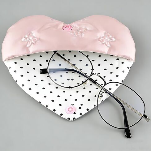 Pink Heart Shaped Glasses Case with Polka Dot Embossed Bow, Soft Sunglasses Case for Women Eyeglass Pouch Embossed Bow Glasses Cases with Clip Womens Eyeglass Storage Sun Glass Case Sunglass Bag Pouch in Saudi Arabia