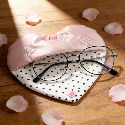 Pink Heart Shaped Glasses Case with Polka Dot Embossed Bow, Soft Sunglasses Case for Women Eyeglass Pouch Embossed Bow Glasses Cases with Clip Womens Eyeglass Storage Sun Glass Case Sunglass Bag Pouch in Saudi Arabia